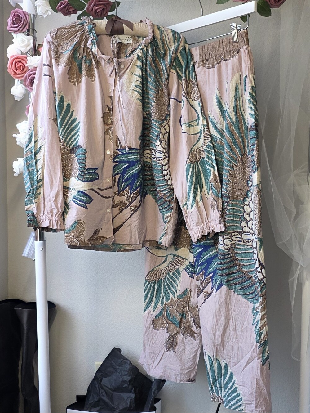 One Hundred Stars Pink Crane-Print Pajama Set S/M - Picture 2 of 7